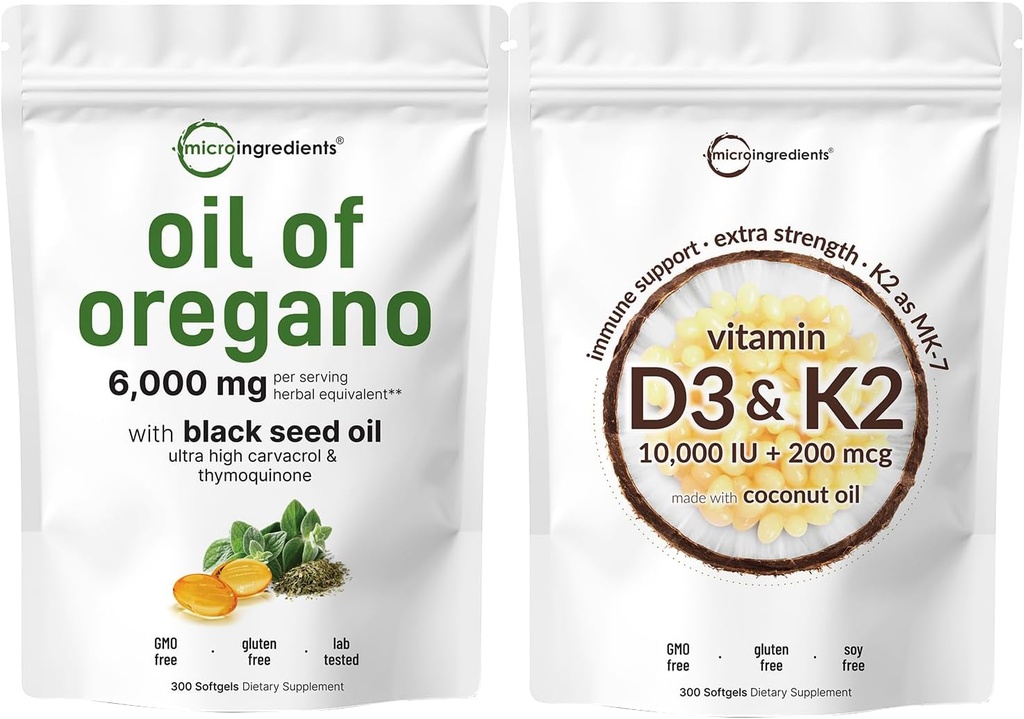 Mikro sestavine Olje Oregano Softgels 6.000mg Na Serving & Vitamin D3 10.000iu + K2 200mcg Kokosovo olje Softgels paket 2 Pack 
