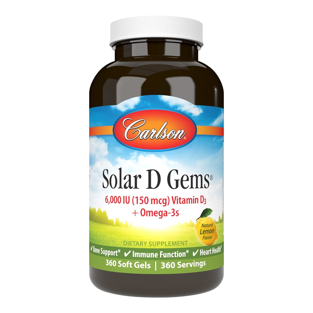 Carlson - Solar D Gems, Vitamin D3 in Omega-3 dodatek, 6000 i.e. (150 mcg) Vitamin D3, 115 mg Omega-3s EPA in DHA dodatek, Wild Catched, Trajno izvorno, Lemon, 360 Softgels