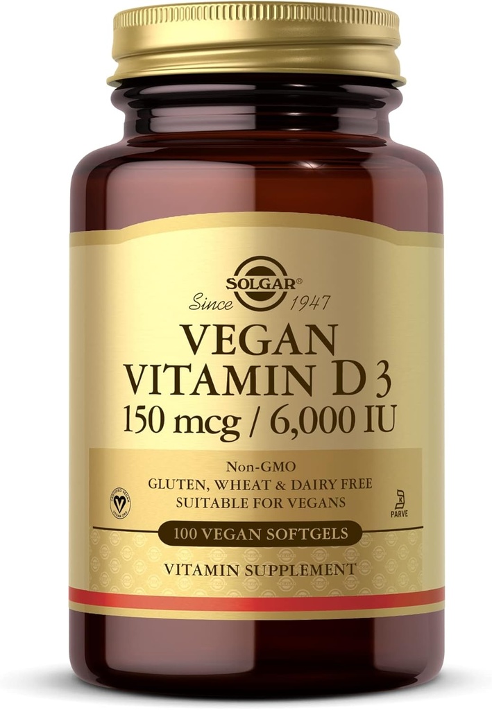 Solgar Vegan Vitamin D3 (Cholekalciferol) 150 μg (6.000 i.e.) - 100 Softgels - Imunska podpora, pomaga ohranjati zdrave kosti in zobe - Non-GMO, Certified Vegan, Gluten & Dairy Free - 100 Serving