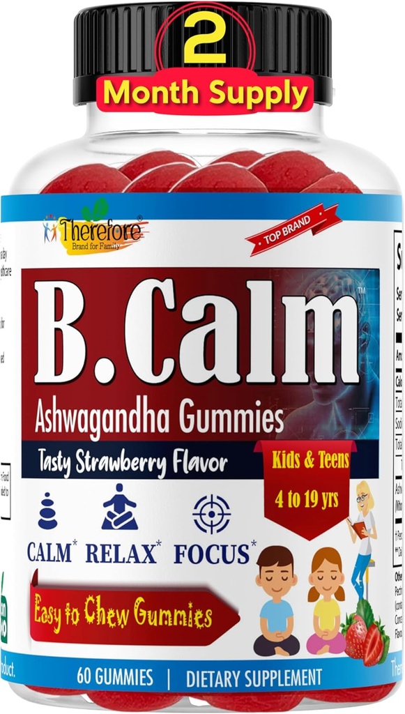 Zato B.Calm Kids Focus & Pozor Gummies - Anti-Stres, Spomin, Mood & Relaxation- Natural Calm Ashwagandha za otroke in najstnike – Focus Vitamini za najstnike – Jagodna aroma, 60 ct