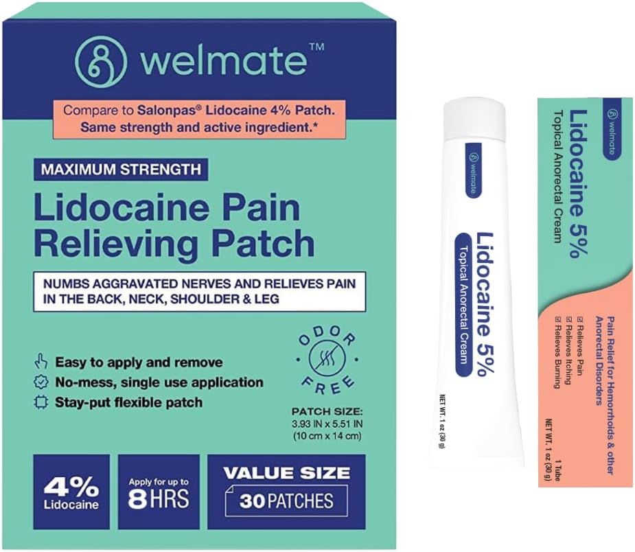 WELMATE Ultimate Pain Relief Duo: 4% Lidokain Numbing Patch (30 Ct) & 5% lidokain krema (1 Oz)