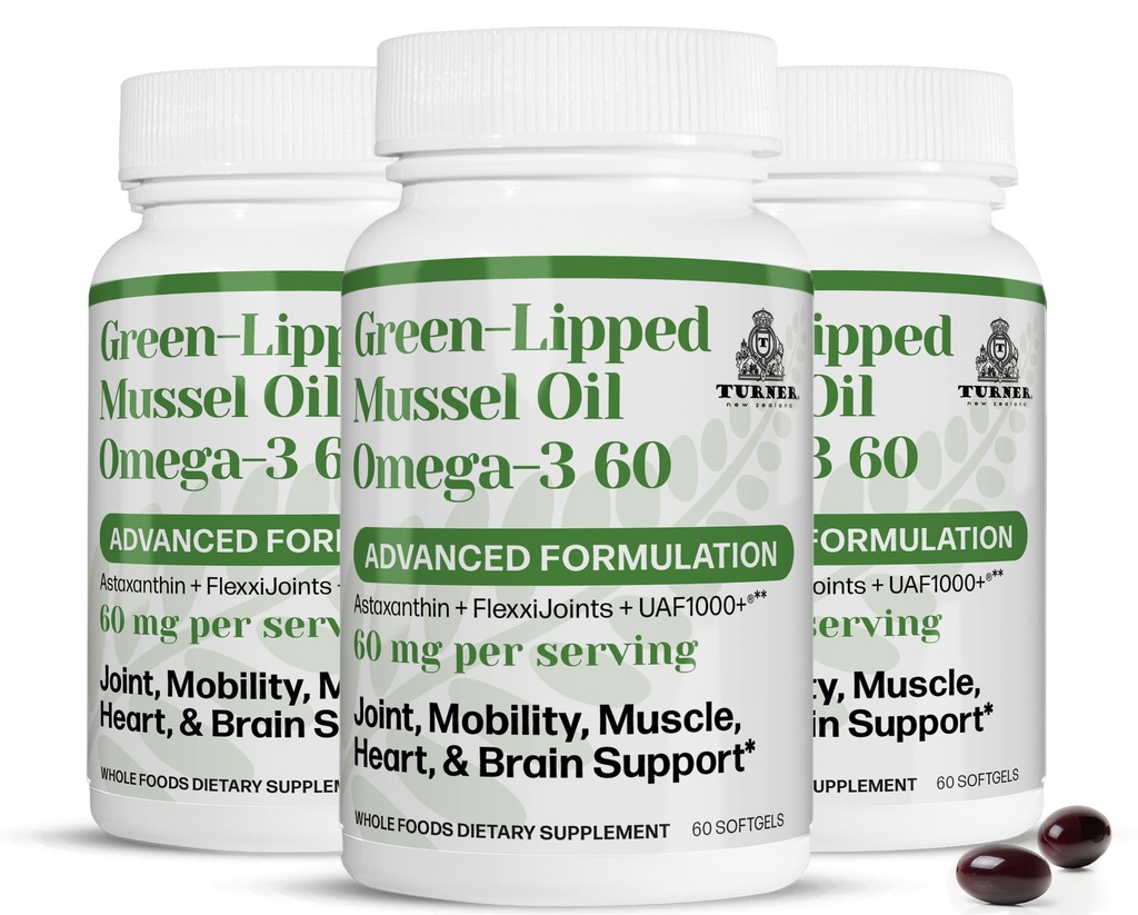 TURNER Nova Zelandija Green Lipped Omega-3 Mussel Oil, 53x Višja jakost z UAF1000+ Super antioksidant. Brez ribjega okusa, 3 steklenice, 180 softgels