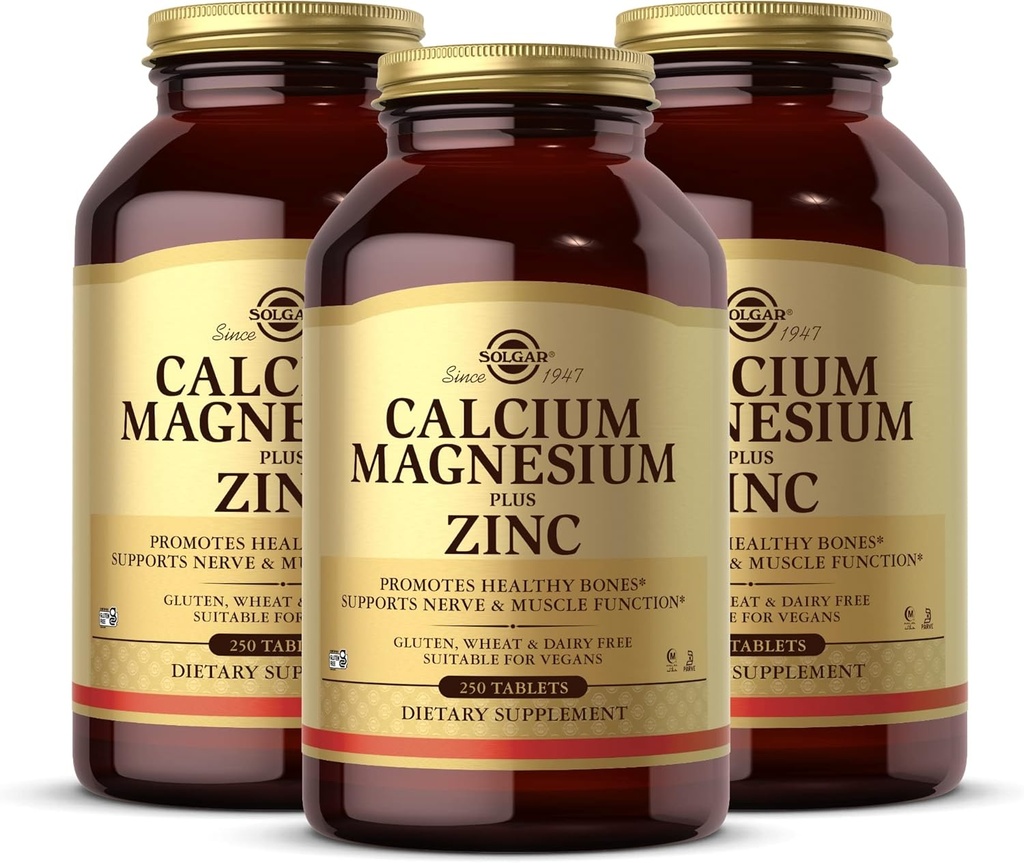 Solgar Kalcij Magnezij Plus cink - 250 tablet, paket 3 - spodbuja zdrave kosti, podpira živčne in mišične funkcije - Non-GMO, Vegan, Gluten Free - 250 skupno serviranje