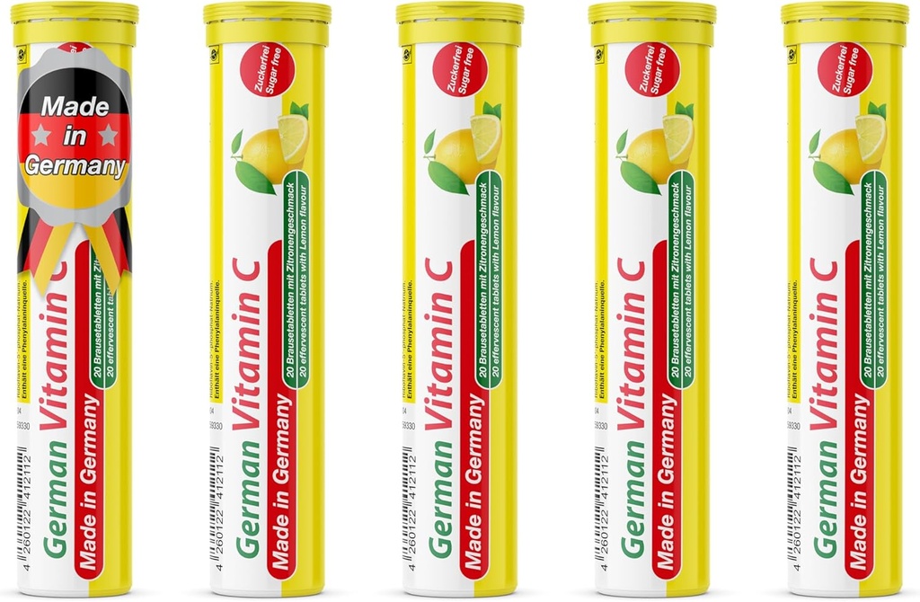 T&D Nemška Vitamin C 180 mg - 40 Veganska pijača šumeče tablete - limonina limonina aroma - Izdelana v Nemčiji