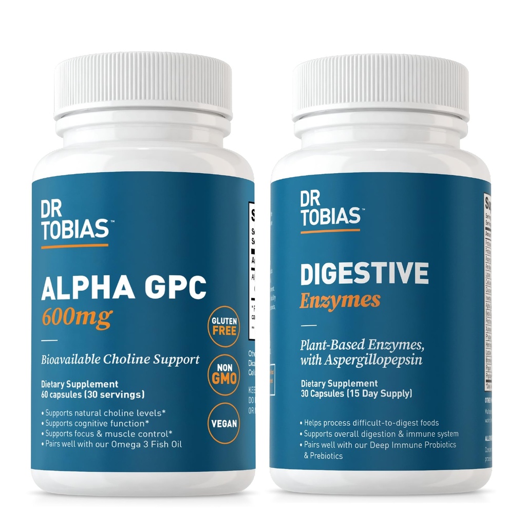Dr. Tobias Alpha GPC & Prebavne encime - Podpora Kognitivne funkcije & Vsakdanje Gut zdravje z biorazpoložljivo holine dodatek & Premium encimi za prebavne, Non-GMO