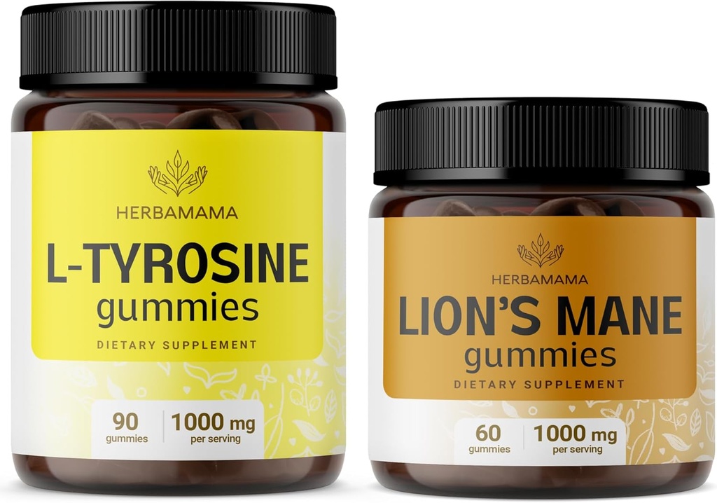 HERBAMA L-tirozin in levji mane komplet - paket 1000 mg L-tirozina & 1000 mg levje mane Gumies - vegan, ne-GMO, želatina-free - 2 pakiranji