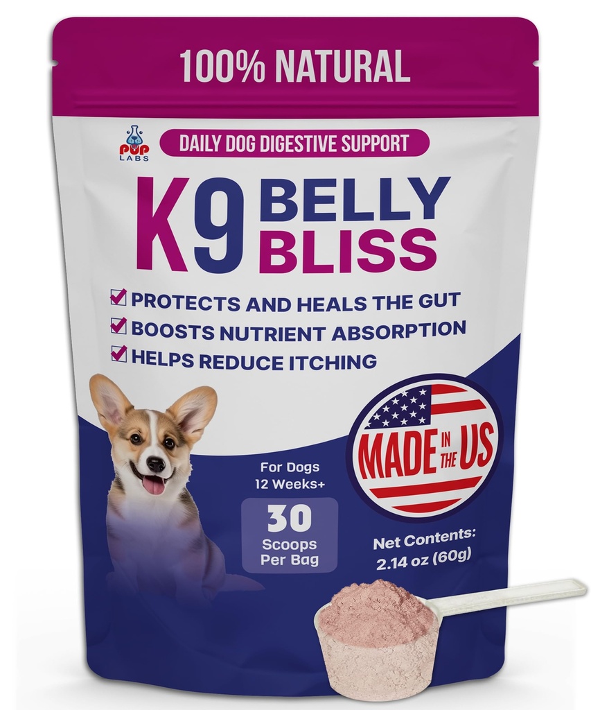 K9 Belly Bliss, Vse naravno Gut Zdravje za pse, Vet Odobreno Prebiotik za pse za dnevno digestivno podporo in Dog zaprtje Relief, Enostaven za uporabo Topper za suho in mokro hrano, 30 Scoops.