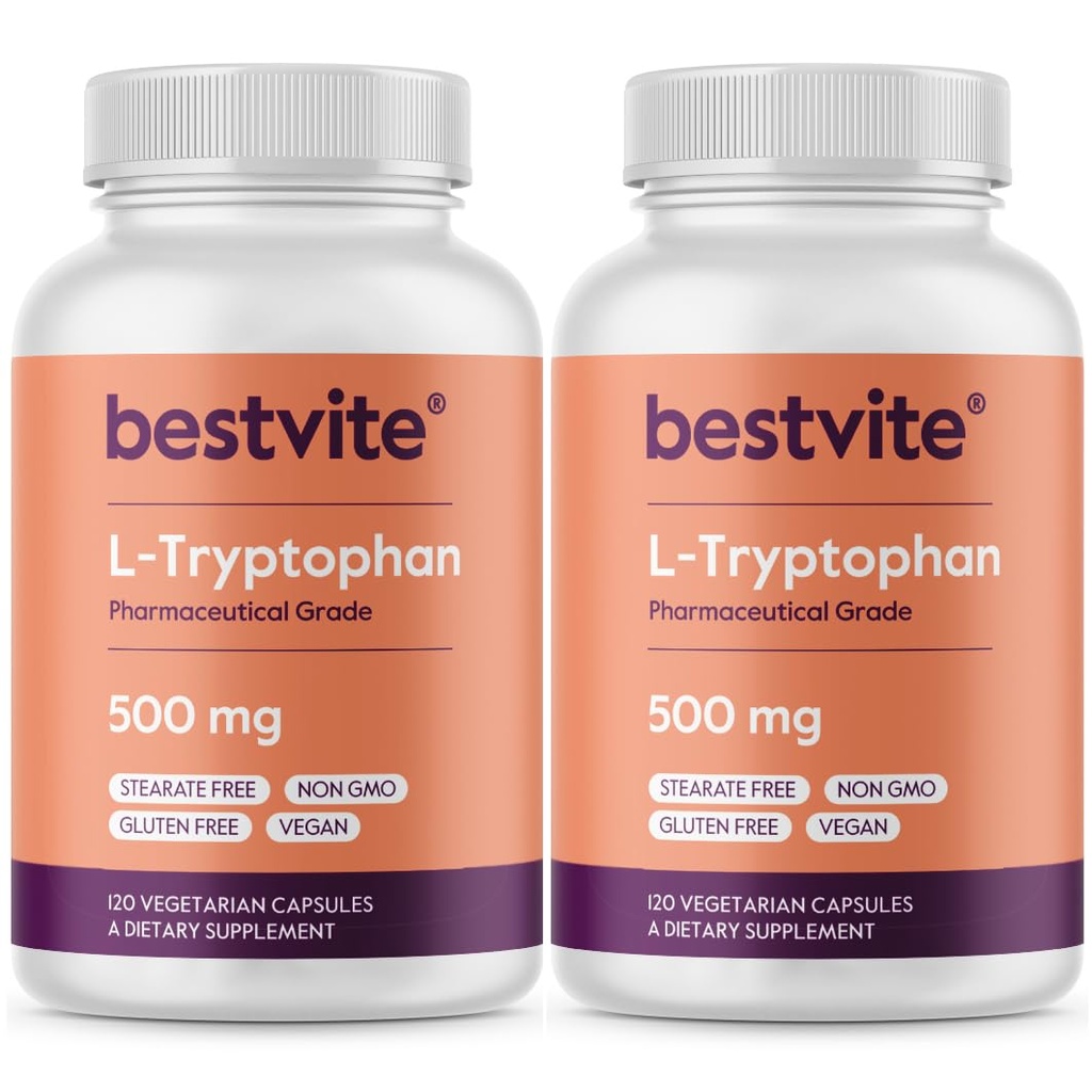 BESTVITE L-Triptofan 500 mg na kapsulo (240 vegetarijanskih kapsul) (2-paket) - brez stearat - brez Silice - brez želatine - vegan - brez glutena - brez GSO