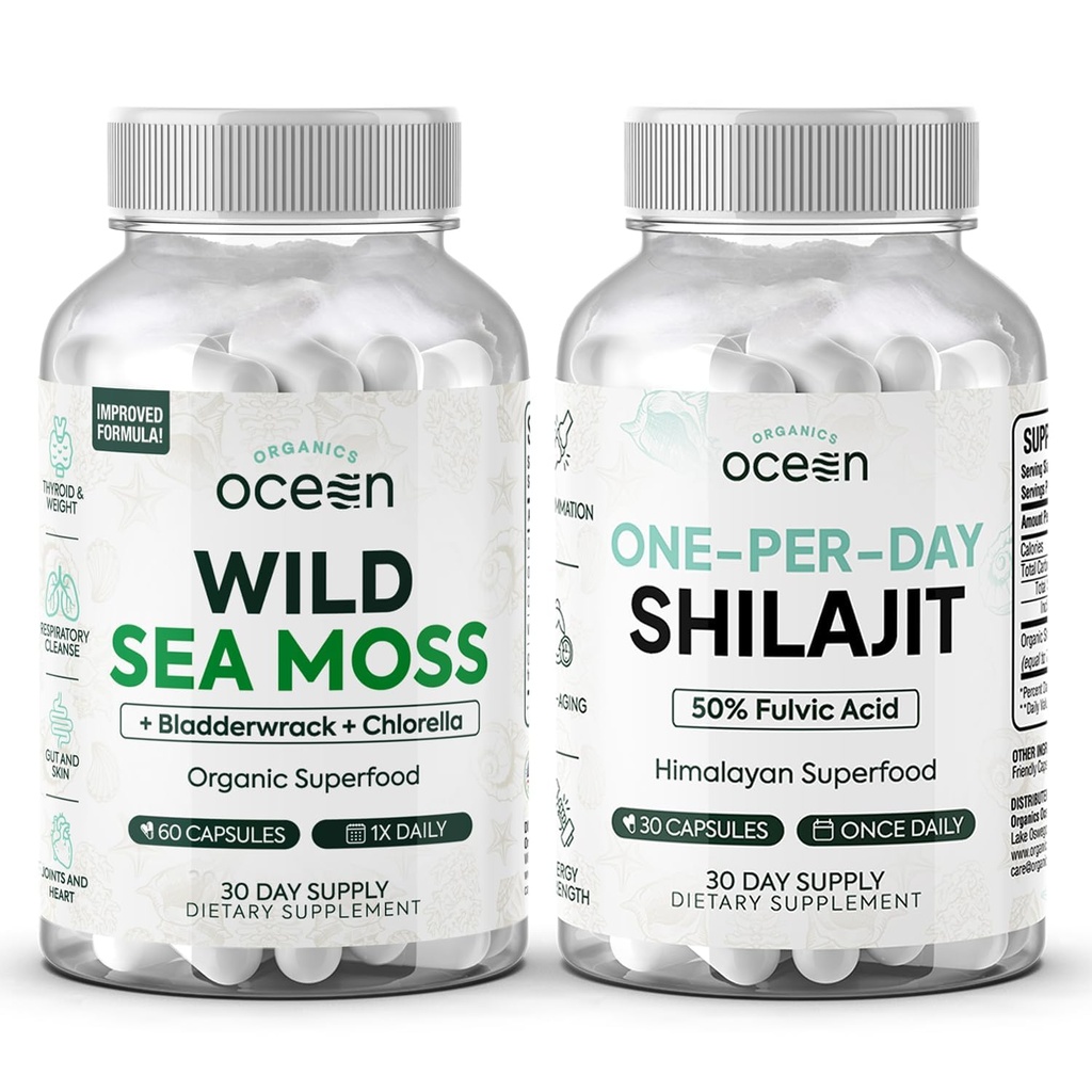Organics Ocean Wild Sea Moss Kapsule in en dan Shilajit za moške in ženske - 100% Irish Sea Moss in Pure Shilajit Kapsule - Podpora ščitnici za ženske in moške