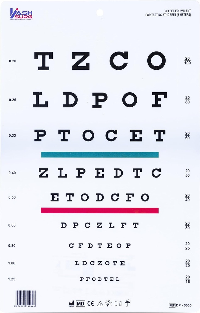 Snellen Chart z Red Green Lines 10 Noge 9 X 14 v.