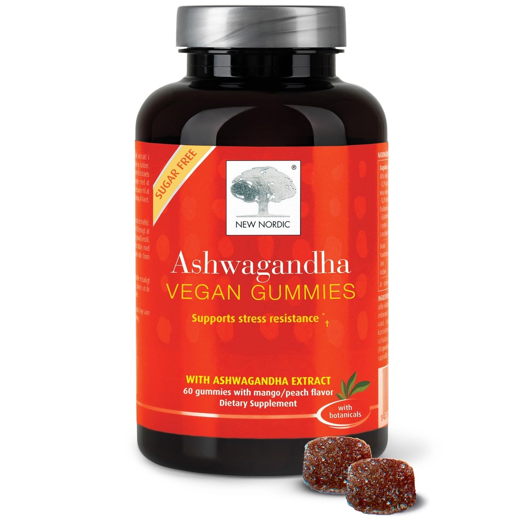 NEW NORDIC Ashwagandha Gummies, 300 mg Izvleček korenine Ashwagandha, brez sladkorja, Adaptogeni za moške in ženske, Okusni Mango Peach, 60 Gummies