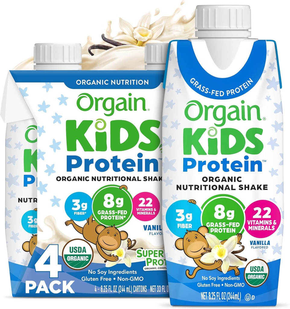 Orgain Organic Kids Protein Nutritional Shake, Vanilla - 8g beljakovin, 22 Vitamini in minerali, Sadje in zelenjava, Gluten Free, Soy Free, Non-GMO, 8.25 Fl Oz (Pack of 4)