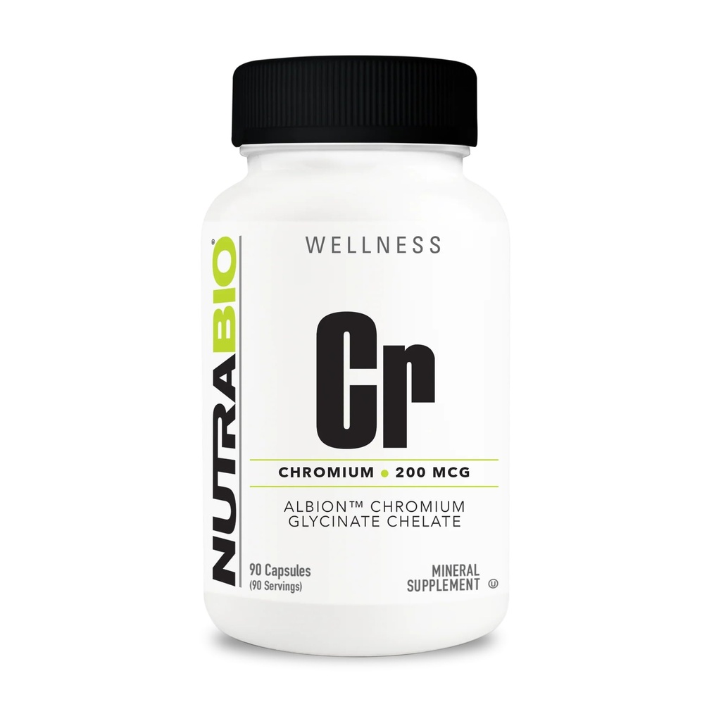 NutraBio kelirani krom GFT - 200 μg - 90 rastlinskih kapsul