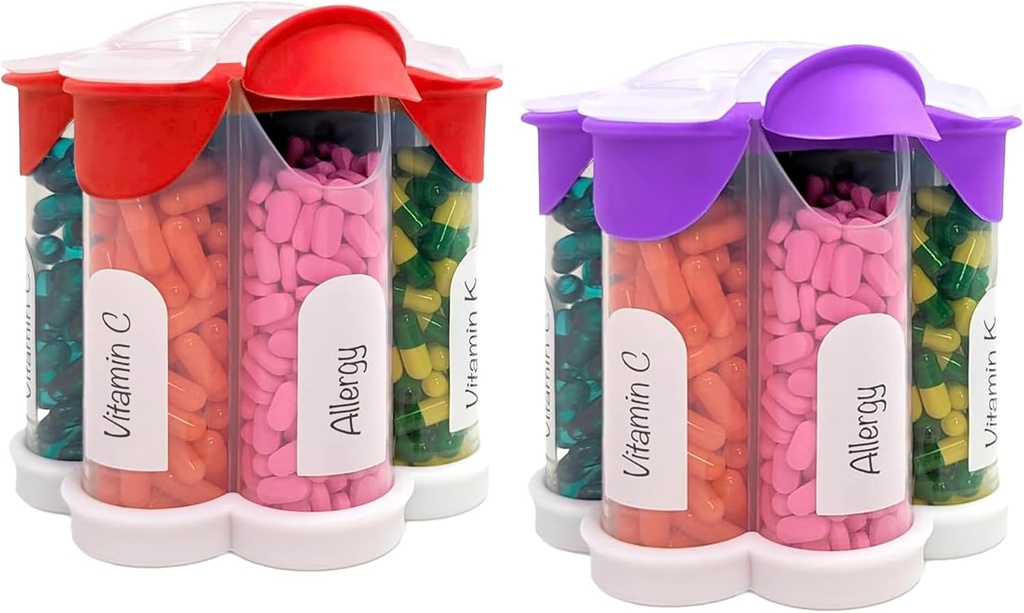 Ekstra velike tablete Organizator vsak dan, Tedensko, Mesečna dopolnilna steklenica, Cute Blossom tablete Dispenser s 7 XL predelki (2 paket Combo) (Purple in rdeča)