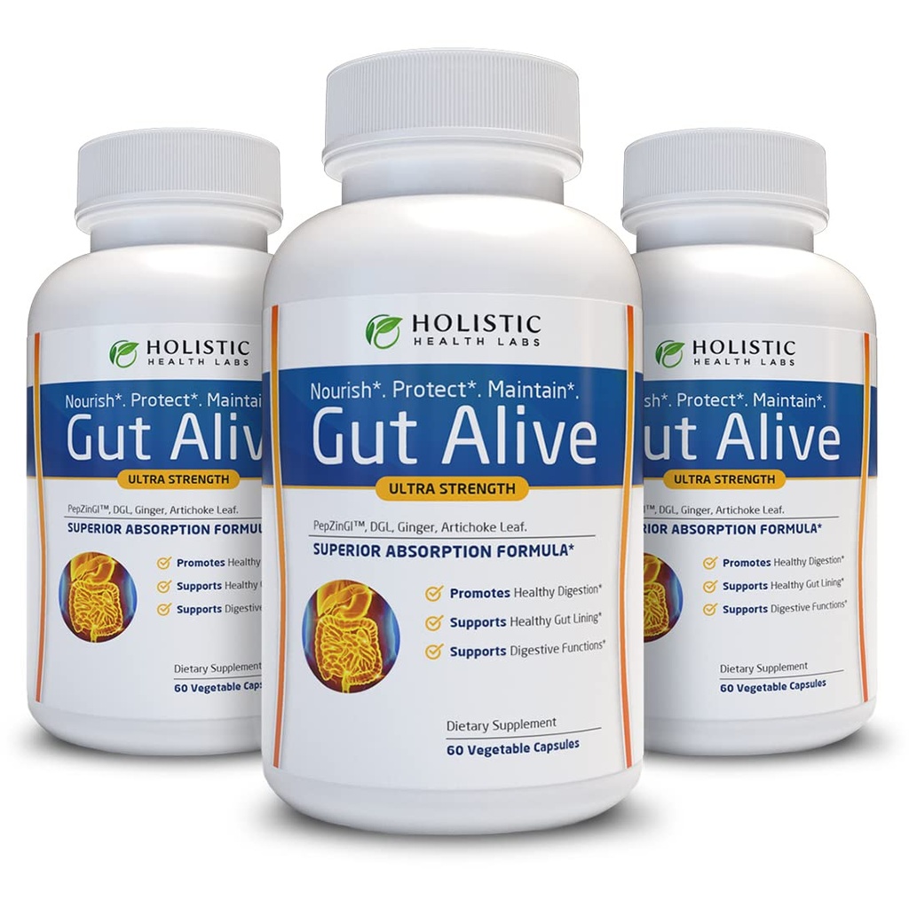 Gut Alive - Vsa naravna podpora za boj proti IBS, Zgaga, prebava kisline, Refluks kisline, napenjanje in plin. Edinstvena formulacija (60 Število (Pack 3))