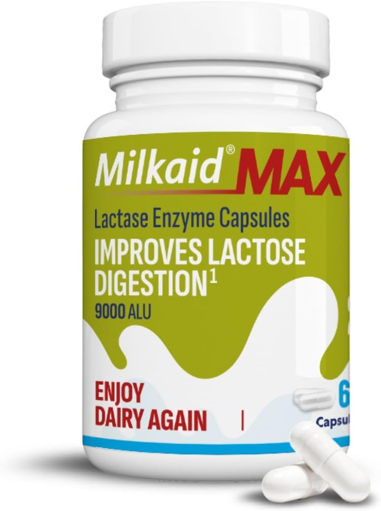 Milkaid Max Kapsule za Laktoza Intolerance Relief z encimom laktaze, prehranska dopolnila za preprečevanje plina, napihnjenosti in driske zaradi občutljivosti za laktozo 