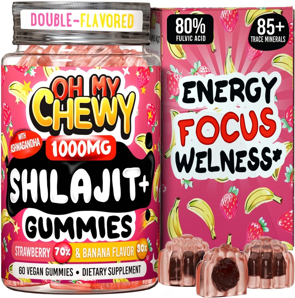 Čisti himalajski shilajit Gumies - visoka moč zlata stopnja Resin - energijska okrepitev in imunske podpore za moške in ženske z Ashwagandha in Shatavari - 60 Gummy - Jagoda in banana