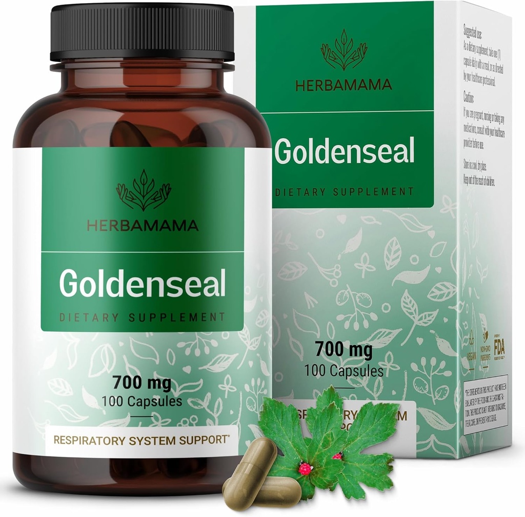 HERBAMAMA Root kapsule za Goldenseal 700 mg - dihalni sistem in imunosupresivna podpora z Goldenseal Powder dodatek - Vegan, Non-GMO
