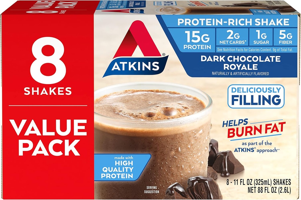 Atkins Gluten Prosti Beljakovine-Rich Shake, temna čokolada Royale, Keto-prijateljski, 8 grof (Pack of 1)