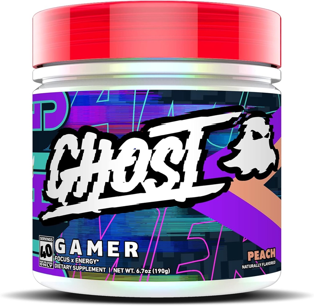 GHOST Gamer: Energy and Focus Support Formula - 40 Servings, Peach - Nootropics & Natural Caffeine za pozornost, Natančnost in odzivni čas - Vegan, Gluten-free