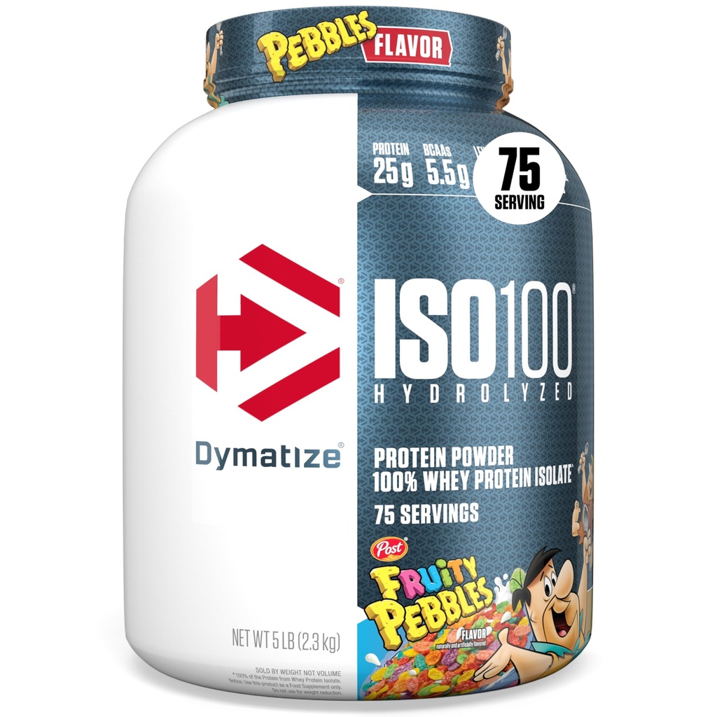 Dymatize x Fruitly Pebbles ISO100 Whey Protein Powder Izolat, 25g beljakovin, 5,5g BCAAs, 120 Cal., Gluten Free, 1g maščobe, 1g sladkorja, 2g karb (75 serving)