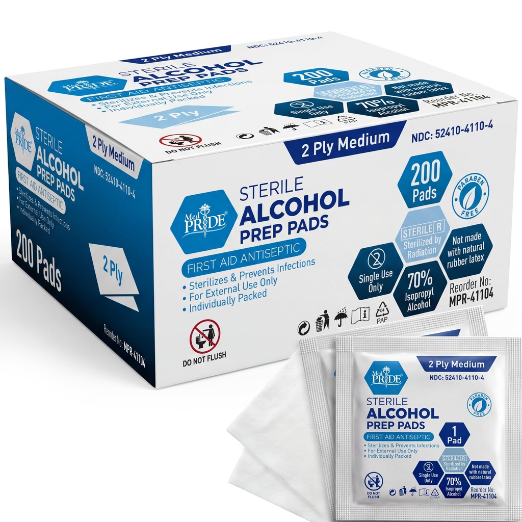 MED PRIDE Sterilni alkohol Prep Pads, Antiseptični, 70% Izopropil, individualno zaviti, Medicinska stopnja 2 Ply robčki (200 Število (Pack od 1) Bela)