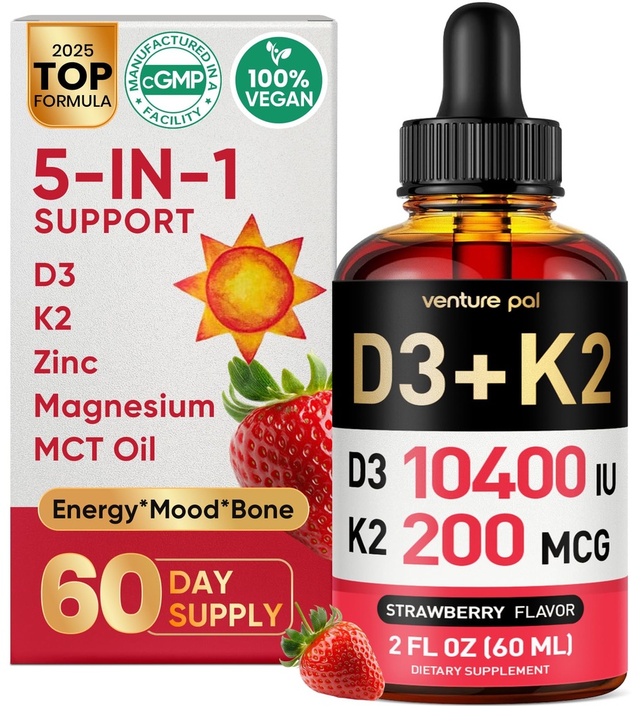 Venture Pal 5-in-1 Vitamin D3 10000 i.e. & K2 kot MK-7 200mcg z magnezijem, MCT oljem, cinkom, brez sladkorja vitamin D tekočina 
