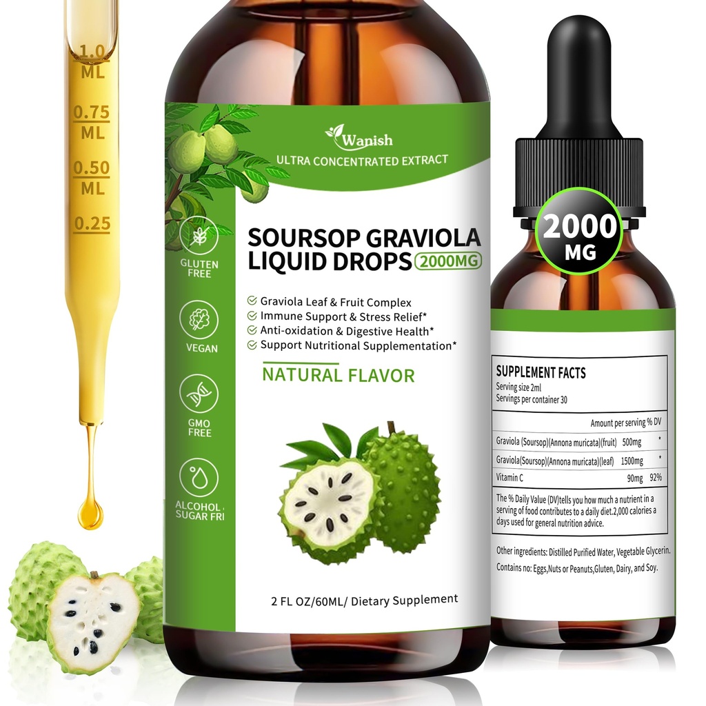 Wanish Organic Soursop Graviola Tekoča kapljica,Sour SOP Bitters Tekoči za podporo celic in regeneracijo, Imunski poživitev, Jetra in spanje, Zeliščna dobrota, Sladkor/Gluten Prost, Naravni okus, 2 Fl Oz