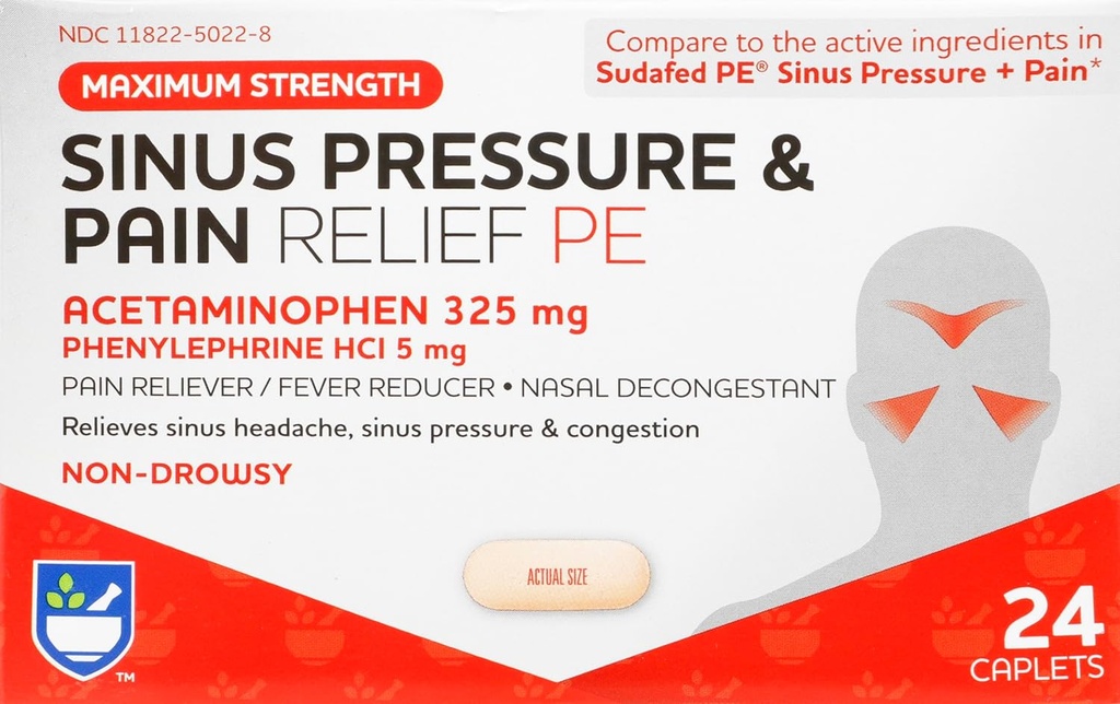 Rite Aid Sinus Pritisk in bolečina Reliever PE, Non-Drowsy - 24 Tablets 