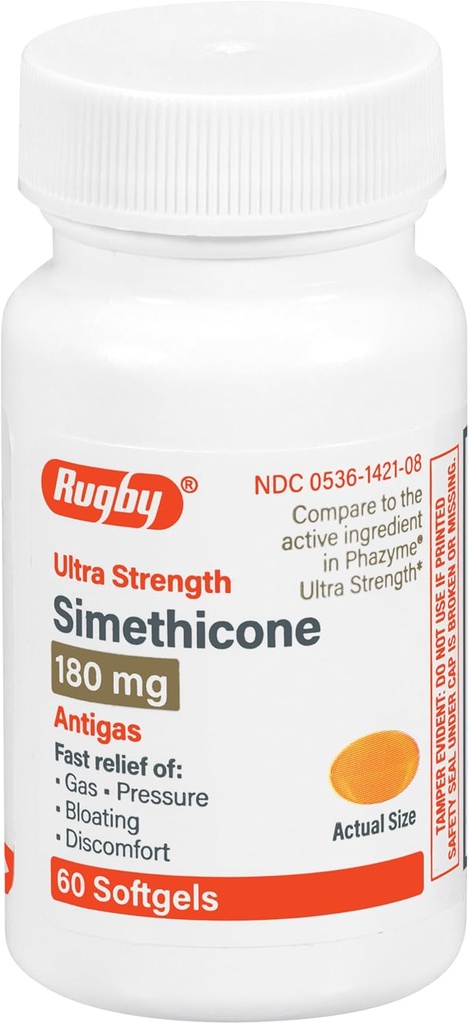 Rugby Ultra Strength Simeticone Gas Relief 180 mg - Največja olajšava za plin za odrasle - lahko pomaga pri simptomih flatulence, napihnjenosti, plinskih polnosti - 60 softgels (1 pakiranje)