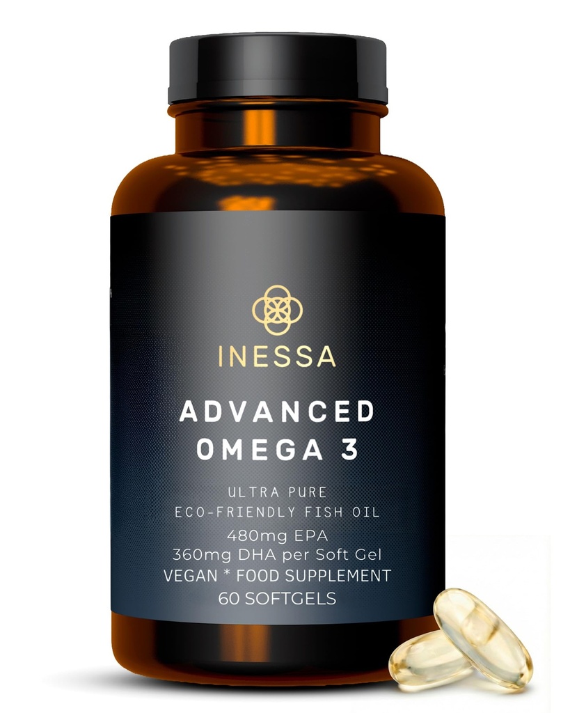 Omega 3 Ribje olje 1200mg (480mg EPA/360mg DHA na kapsulo) Visoka jakost, Ultra Pure, Eco prijazno 60 Kapsule, 2 meseca dobave. GMP & Prijatelji pomorske certifikacije