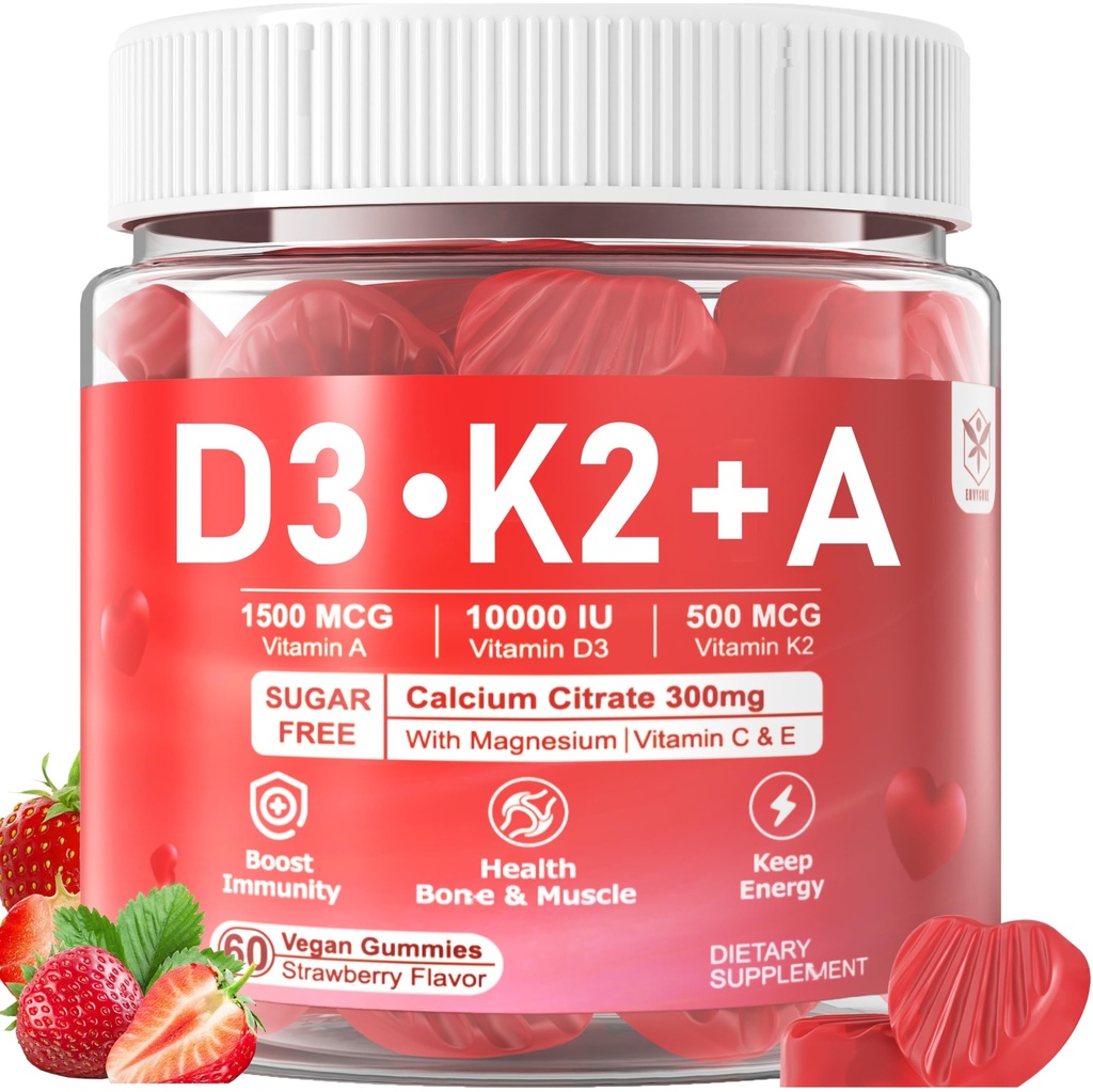 Vitamin D3 10000iu + K2 MK7 + Gumiji s kalcijevim magnezijevim cinkom za ženske in moške, visoka jakost ADK dodatek vitamina podpira zdrav imunski sistem, kosti in vida funkcijo, sladkor brez 120 Cts
