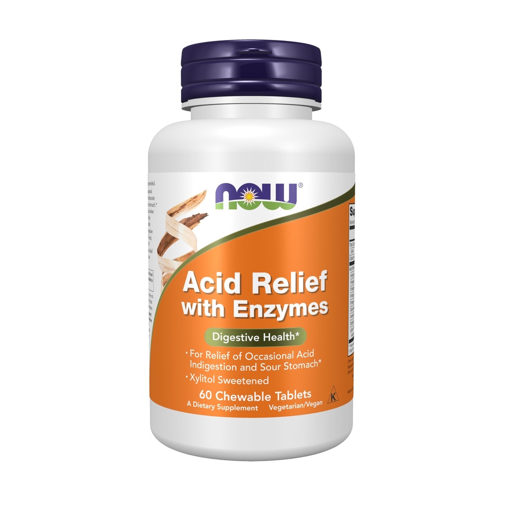 NOW Foods Supplements, Kislinski Relief z encimi, Ksilitol sladkan, Prebavno zdravje*, 60 Žvečljivi