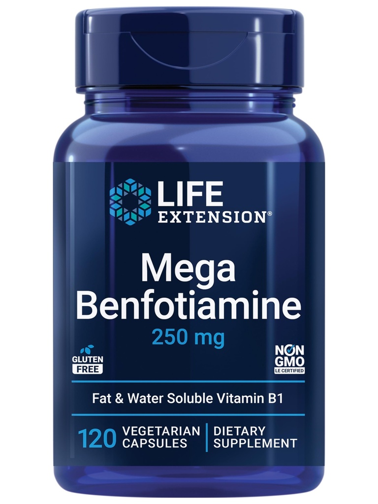 Life Extension Mega Benfotiamin, 250 mg, maščobno-topna oblika tiamina, zdrava presnova, ultra biorazpoložljiv vitamin B1, visoka jakost, gluten-free, ne-GMO, vegetarijanec, 120 kapsul