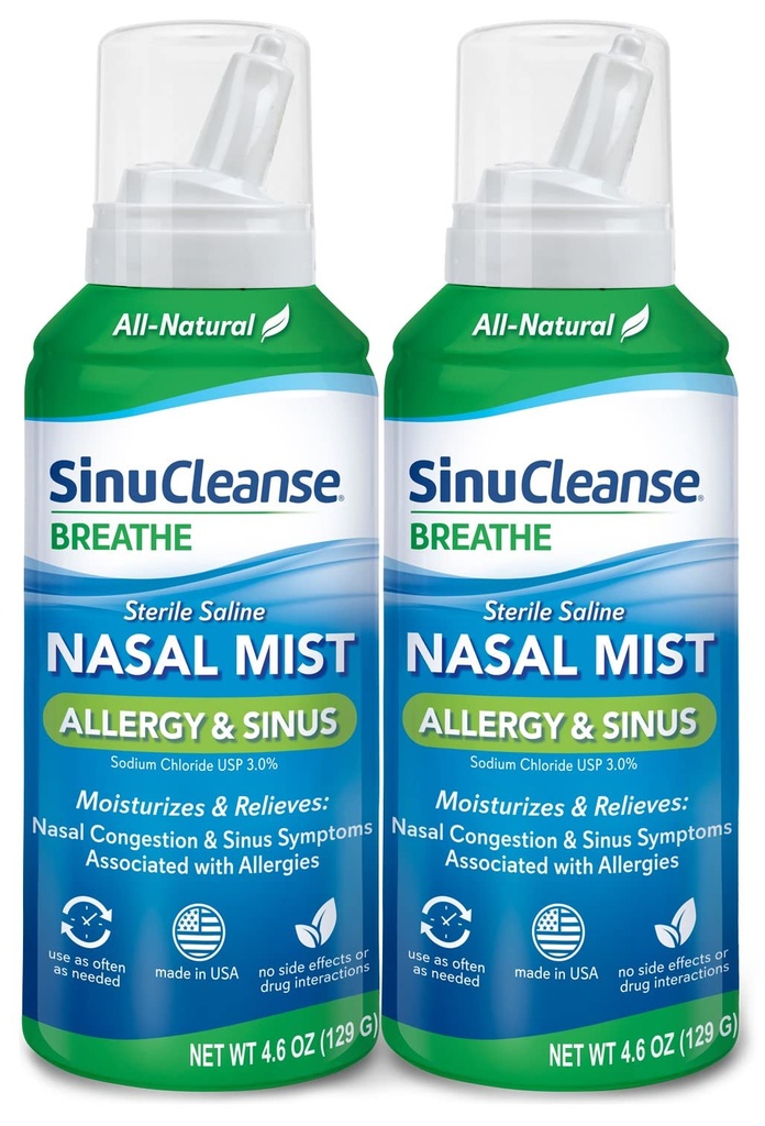 SinuCleanse Alergy & Sinus Sterile Saline Nasal Spray, Ultra Fine Mist, Takoj vlaži in sprošča hude nosne prebavne motnje zaradi alergij, 4.6 Oz (2 Pack), Made in USA