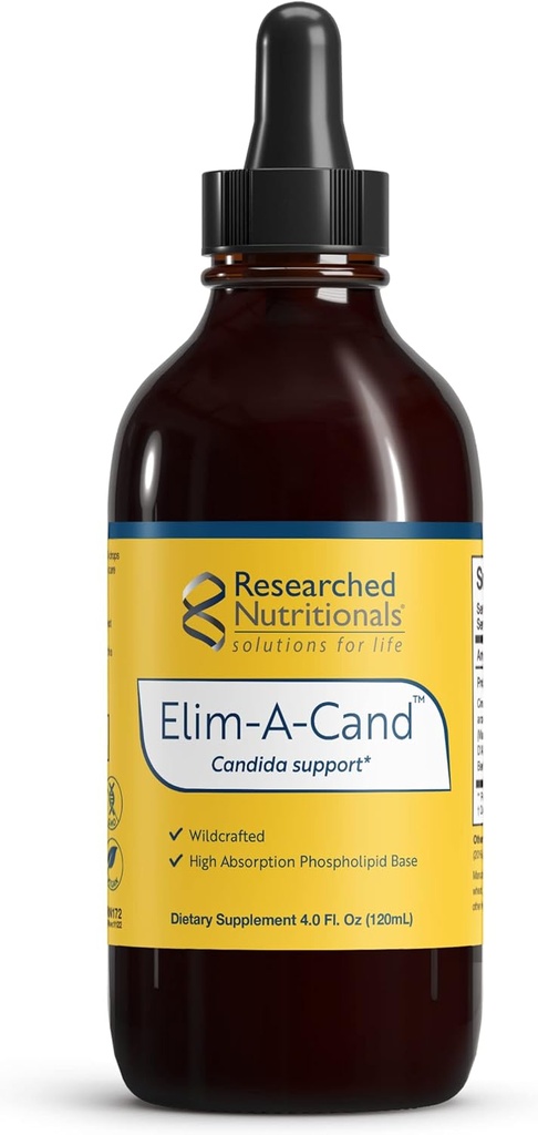 Researched Nutritionals Elim-A-Cand - Candida Support - Microbial & Gut Health Supplements with Berberine, Slippery Elm, Cinamon Bark, PAU D'Arco & Marshmallow Root - Herbal Detox Tinkture (4 Fl Oz)