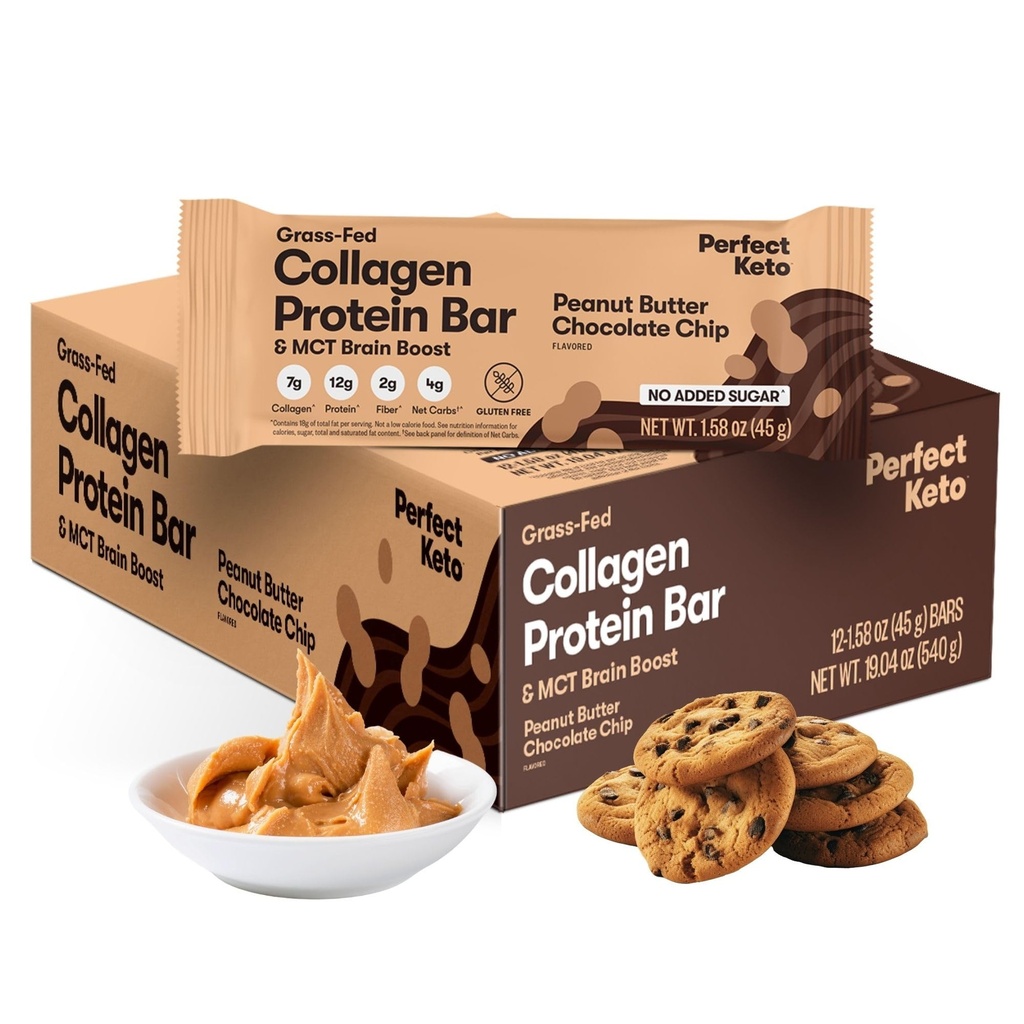 Popolna beljakovinska ploščica Keto Collagen, brez glutena, kolagen s hranilno snovjo + MCT Olje, nizkoogljični ogljikovi hidrati, brez dodanega sladkorja, prigrizki z visoko vsebnostjo beljakovin, živila iz keto diete, 13g beljakovine, 18g maščobe, 3g neto ogljikove hidrate, čokoladni čip iz arašidovega masla, 12 barov