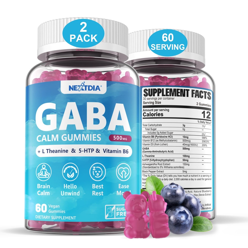 GABA Gumies 500 mg - Sugar-free Calm Gumies z L Theanine, 5-HTP, Vitamini D3, B12, Ashwagandha, Melatonin-free for Brain Calm, Mood, Zzz Better, GABA dodatek za odrasle, borovnice Flavor, Vegan