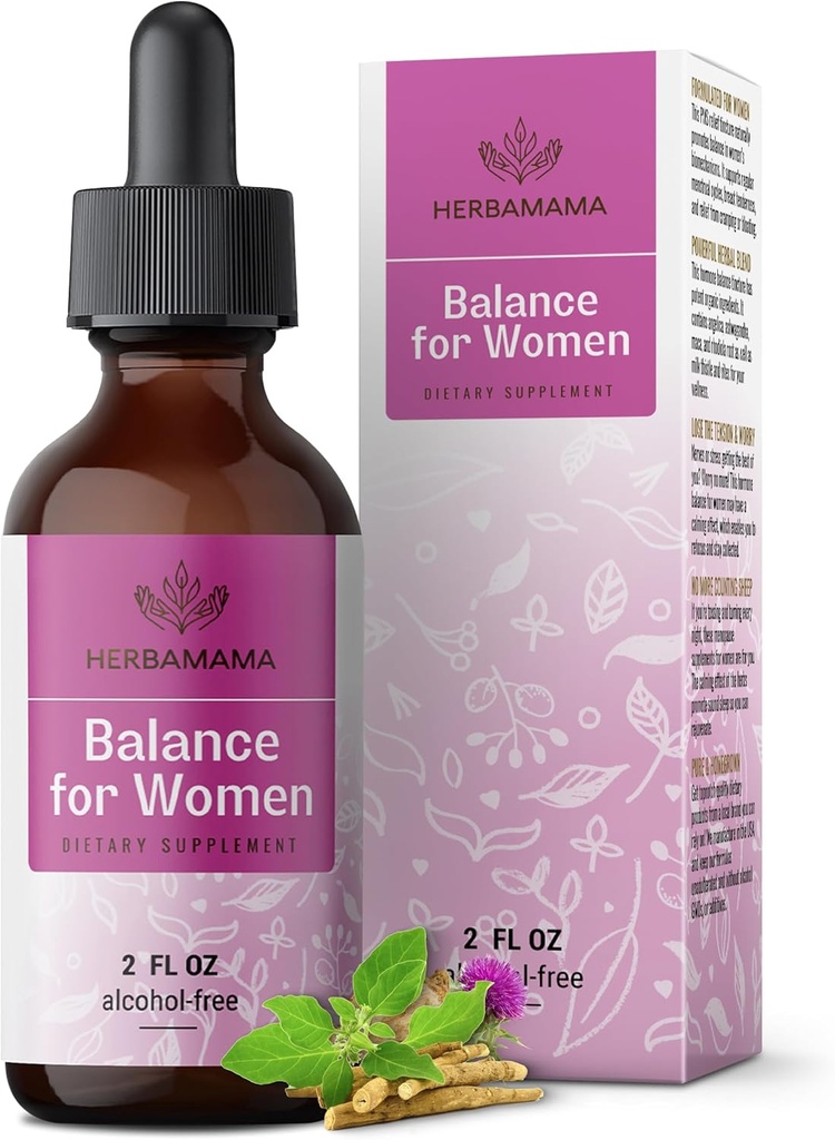 HERBAMA Balance za ženske kapljice - Milk Thistle, Vitex Berry, Angelica, Maca Root & Ashwagandha Women Supplements - Vegan, Alkohol & Sugar-free, 28-dnevna oskrba