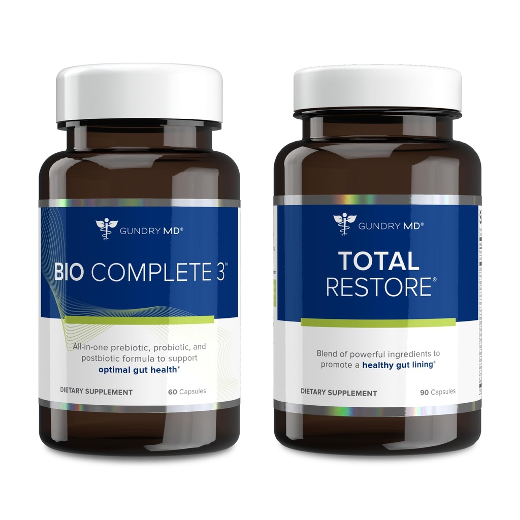 Gundry MD Bio Popolna 3 in skupna Restore Bundle - Prebiotik, Probiotik, Postbiotik za podporo Optimal Gut zdravje