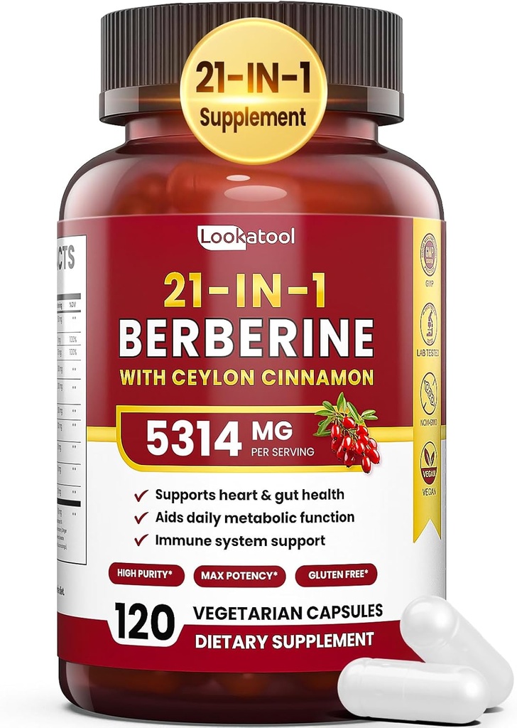 21-v-1 Berberine dodatek s Ceylon cinamon - 1500mg Organski Berberin HCL Fitosome, 5X večja absorpcija za presnovo Podpora 100 kapsul