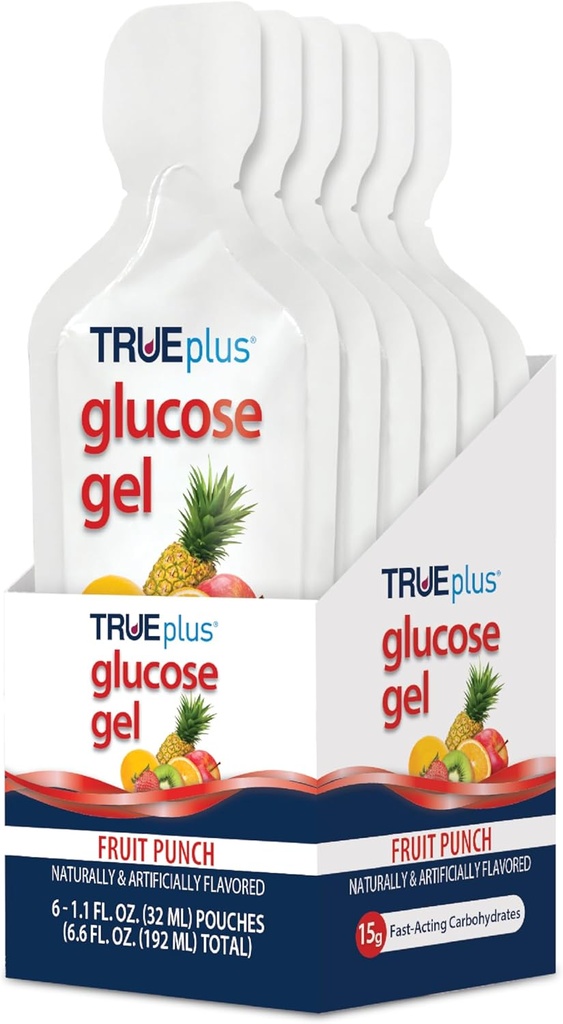 TRUEplus Gel vrečka za glukozo, aroma sadnih kosmov, 15g hitro delujoči ogljikovi hidrati, brez maščob, brez glutena, hitra podpora za nizko krvni sladkor in energijo, 6 paketov