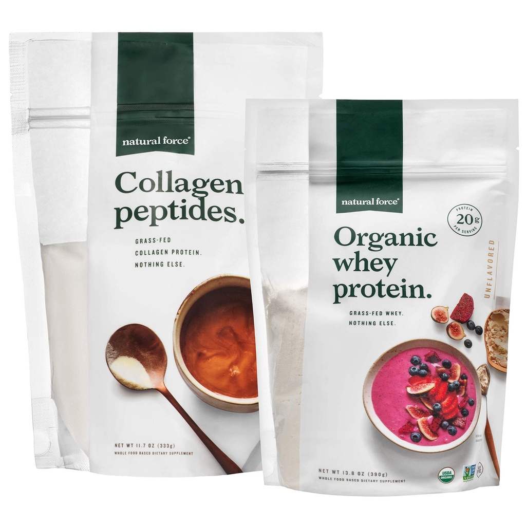 Naravna sila čista, trava Fed kolagen peptidi + nearomatizirani organski sirotkini proteini paket – organski, ne gensko spremenjeni sirotkini proteini in hidrolizirani tipi I in III kolagen – 13.8 Ounce Bag in 11.7 Ounce Bag