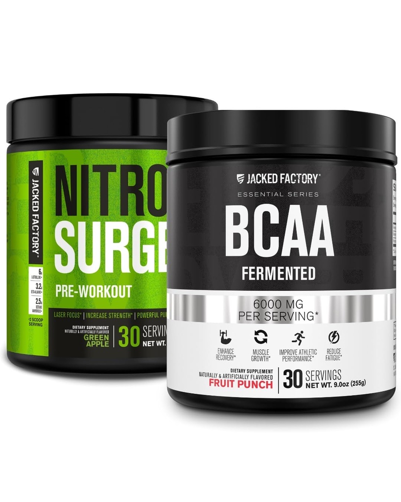 Jacked Factory Nitrosurge Pred-Workout v Green Apple & BCAA v sadni punch za izgradnjo mišic in okrevanje