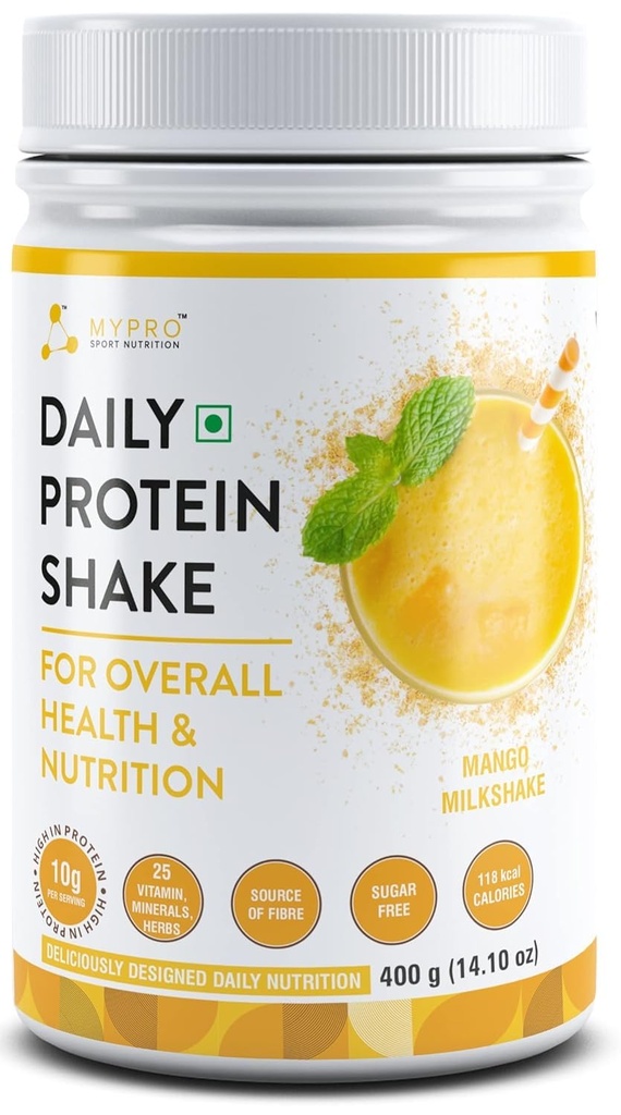 Generični QURA Daily Protein Shake 118 kcal Kalorije,25 Vitamin,Minerals & 7 Zelišča,zagotavljanje energije,Podpora Immuniteta in kosti zdravje za moške in ženske Mango Milk Shake Flavor -400Gm-40 Servisi