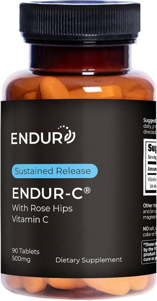 Endur ENDUR-C Vitamin C z Rose HIPS, Podpira proizvodnjo kolagena, zaščito antioksidanta in nežna prebava, Gluten Free, 500mg (90 tablet)