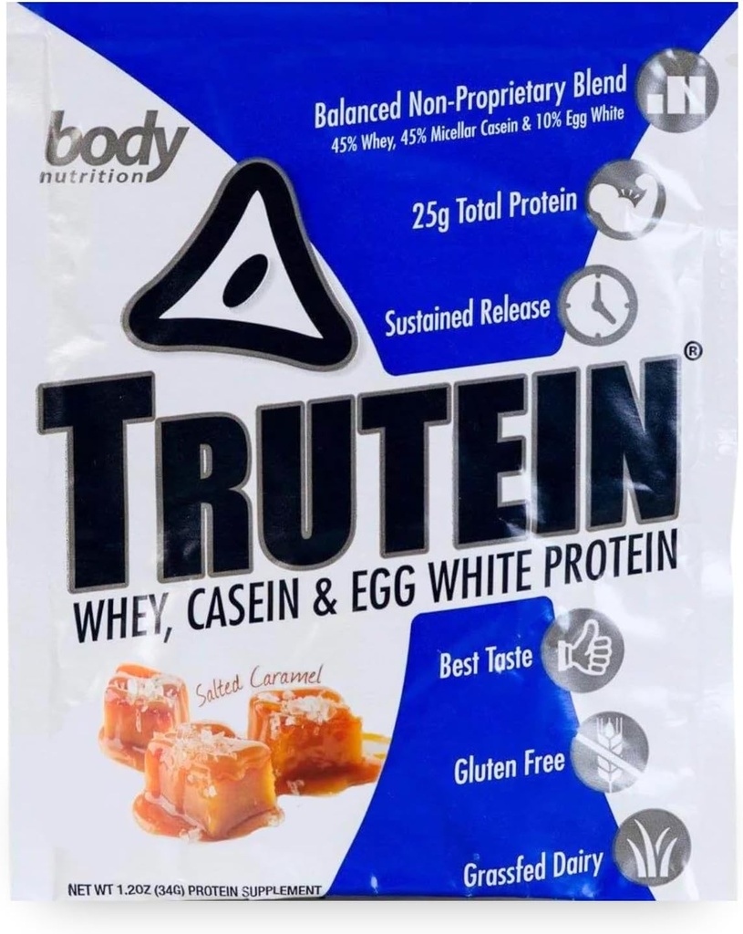Body Nutrition, Trutein Protein Powder, Breakfast Shake, Meal Nadomestek, in Pre and Post Wordout Recovery Drink Mix, 25 Gram beljakovin, Soled Caramel, 34 Gram Vzorec