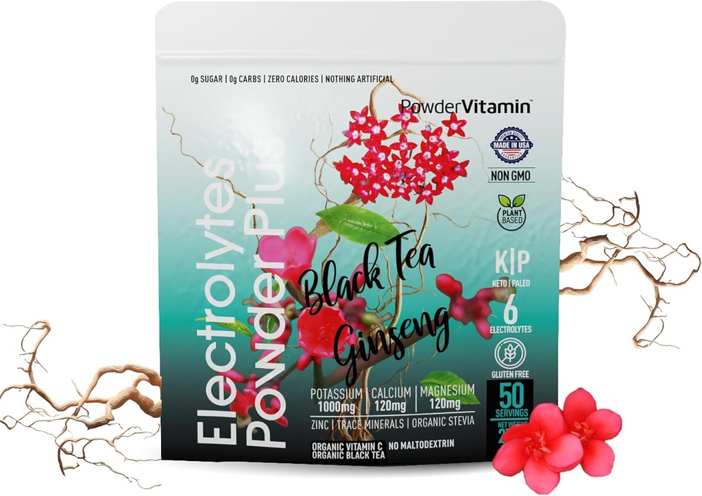 PrašekVitamin Elektroliti powder Plus (50 strežnikov) črni čaj ginseng elektrolitski prašek keto, brez sladkorja, roza himalajska sol, 1000mg kalij, 120mg kalcij, 120mg magnezij, hidracija prašek