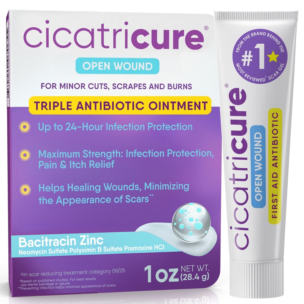 Cicatricure Triple Antibiotic Mazilo z lajšanjem bolečine, Bacitracin Antibiotic Mazilo in krema za nego ran, Zdravljenje mazilo za reze, opekline, Insect ugrizi, Prva pomoč potrebščine bistvenega pomena, 1 oz