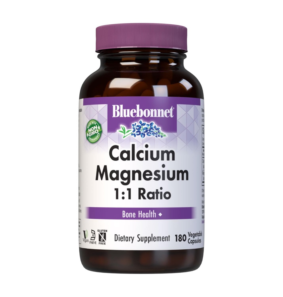 BlueBonnet Calcium Magnezij 1:1 Razmerje vegetarijanske kapsule, 180 števil, bela